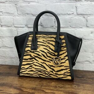 Michael Kors Avril Leopard Animal Haircalf Small Top Zip Satchel Bag Handbag